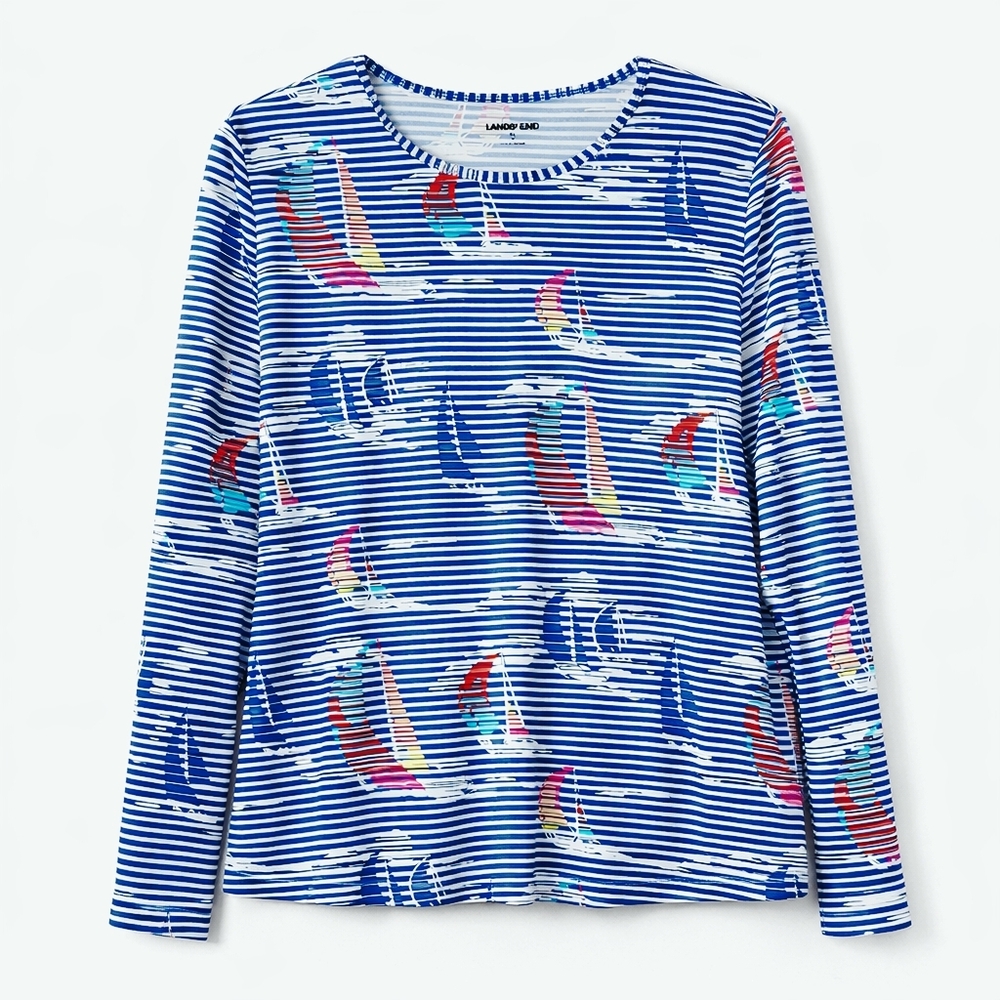 Lands' End Rash Guard UPF 50 Blue Stiped Sailboat Long Sleeve Stretch Swim Top